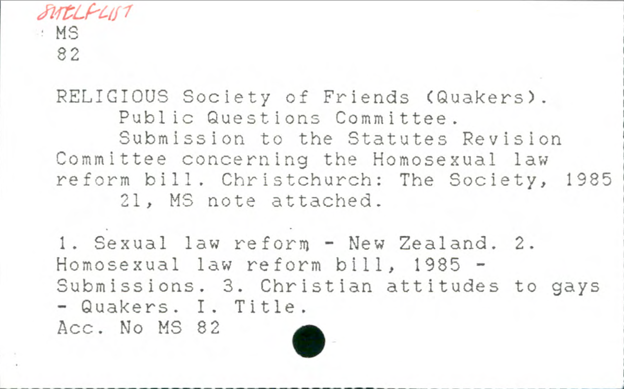 LAGANZ MS 82 Religious Society of Friends (Quakers) index card.